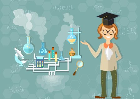 43322285 - science and education: professor, teacher, researcher, research, chemistry experiment, laboratory, students, back to school, chemistry, physics, test tubes, reaction, vector illustration